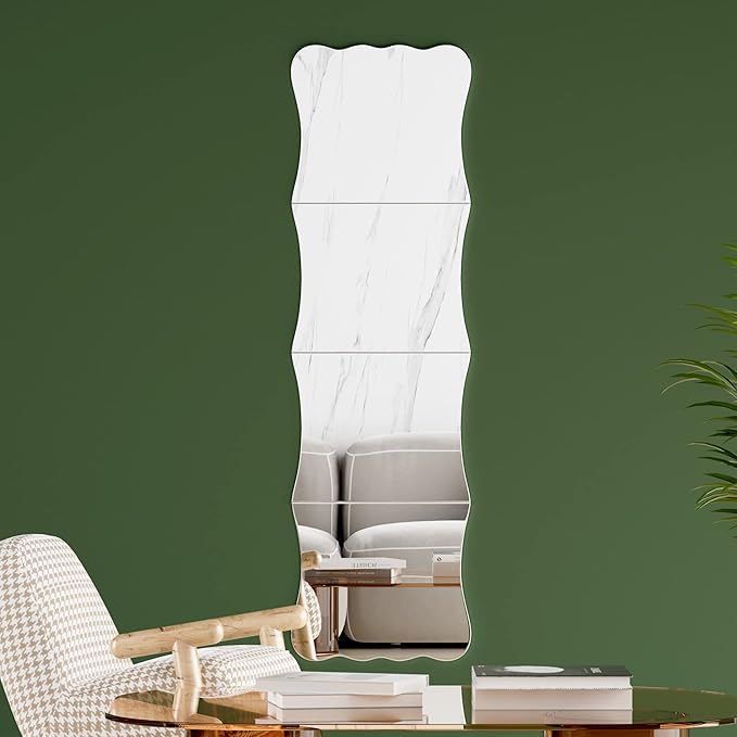 Wavy Full Length Mirror Shatterproof Acrylic Wall Mirror Tiles 47" x 14"(4 Pcs 12"x14"), Non-Glass Safety Body Mirrors for Baby Kids Playroom, Frameless Dorm Door Gym