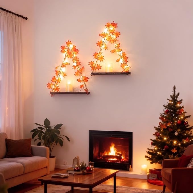 Floating Shelves for Wall, Hanging Shelves with Artificial Maple Leaves LED String Light, No Drilling Hanging Shelf, Wood Hanging Plant Shelves for Wall Décor, Boho Decor, Art Bedroom