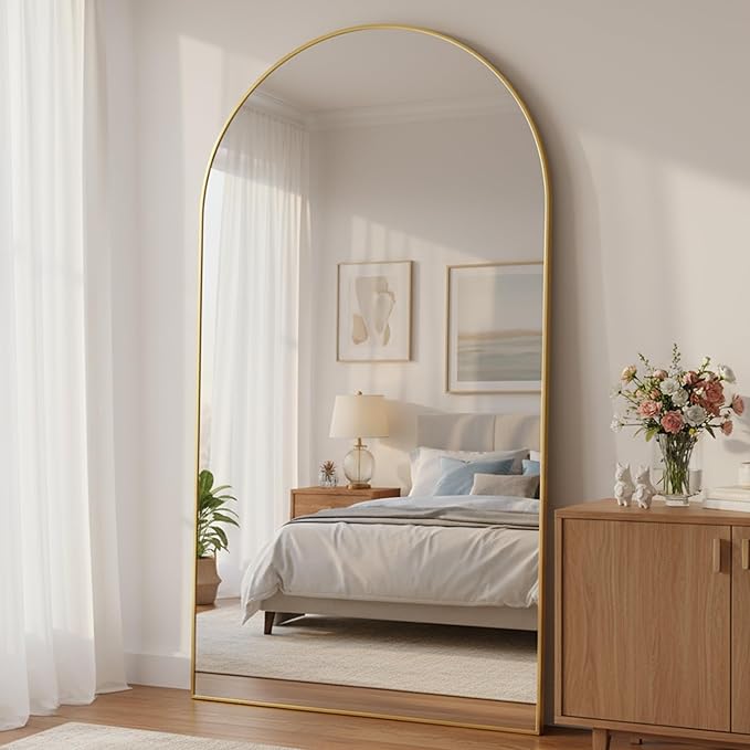 Full Length Mirror, 86"x46" Arched Floor Mirror Freestanding, Floor Standing Full Body Mirror with Stand for Bedroom, Hanging Mounted for Living Room Cloakroom, Gold