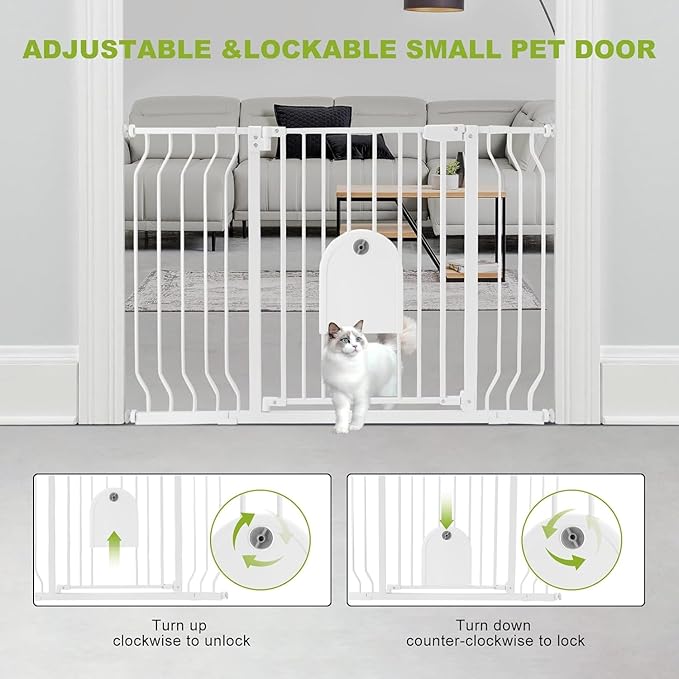 Baby Gates with Cat Door - Auto Close 29.5"-48.4" Safety Metal Dog Pet Gate for Doorway, Stairs, House, Walk Through Child Gate with Pet Door, includes 4 Wall Cups and 2 Extension Pieces