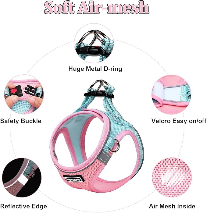 Mercano Soft Mesh Dog Harness and Leash Set, No-Chock Step-in Reflective Breathable Lightweight Easy Walk Vest Harnesses with Safety Buckle for Small Dogs, Cats (XL, Pink Blue)