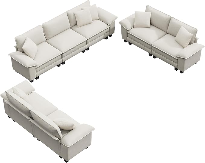 Cloud Couch Sectional Sofa Set, Plush 24.4-Inch Deep 7-Seat Sectional with Velvety Chenille & Removable Arms for Living Room and Apartment, Beige