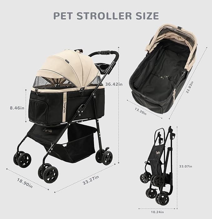 Pet Stroller,4Wheels 3in1 Multifunctiona Dog Stroller with Brake,33lb Weight Capacity,Lightweight Portable One-Click Folding,Storage Basket Cup Holder,for Dogs/Cats Travel,Khaki