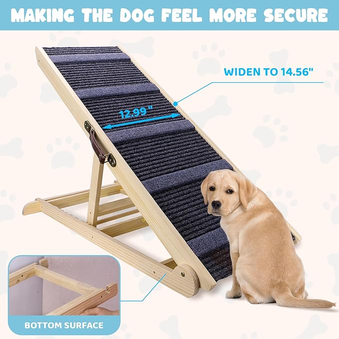 Dog Ramp for Bed, 6 Adjustable Height from 13.8" to 25.6", Folding Wooden Pet Ramp Suitable for Small and Medium-Sized Dogs - Non-Slip High Traction Dog Ramp for High Bed Couch and Car Up to 200lbs