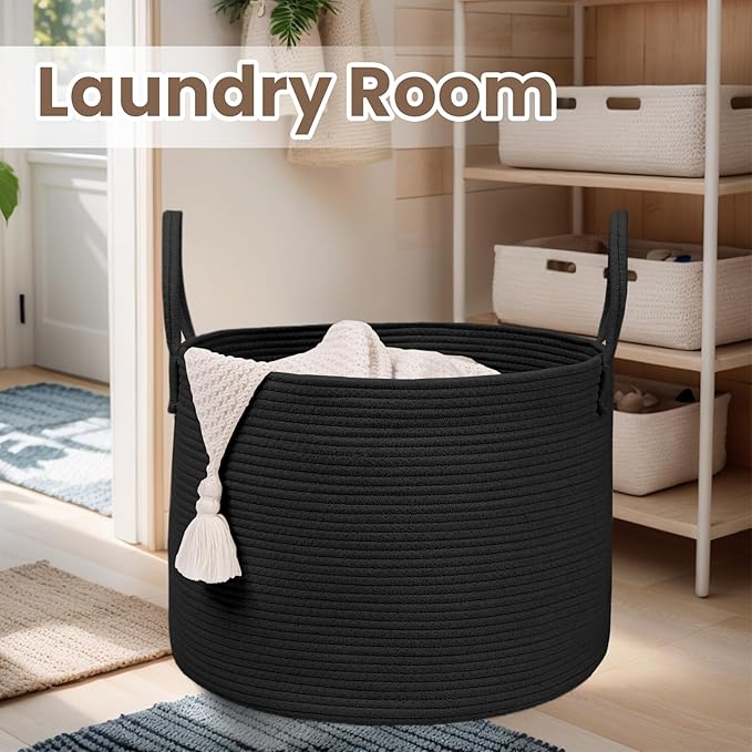 Woven Blanket Basket,115L Large Rope Storage Bin with Handles, Organizer for Blankets Toys Book and Clothes, Laundry Basket for Living Room Bedroom Nursery,Black