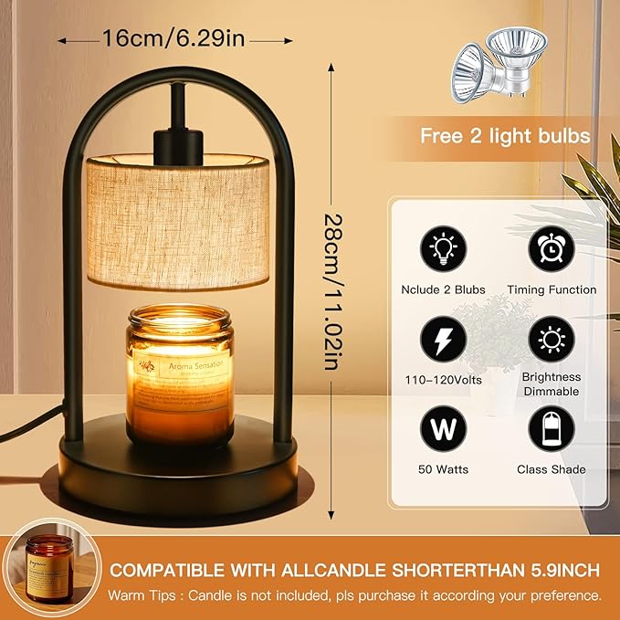 Black Candle Warmer Lamp with Timer - Dimmable Wax Melts Warmer for Bedroom, Mother's Day Gift, New Home Decor (2 Bulbs Included)