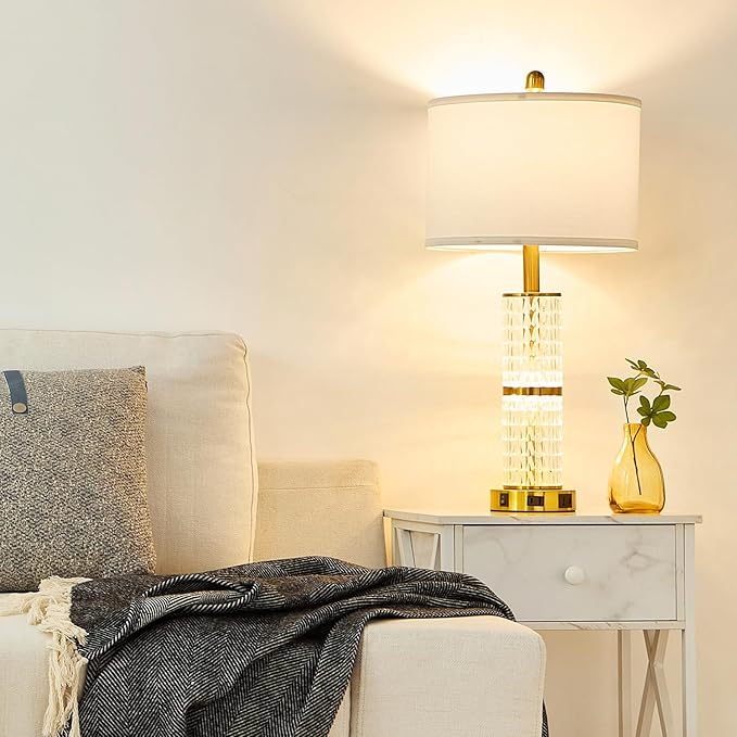 Crystal Table Lamps Modern 3-Way Dimmable Bedside Lamp with 2 USB Ports & AC Outlets for Living Room Bedroom Nightstand Lamp Night Light