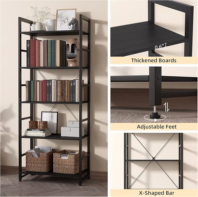 24" Bookshelf, 5-Tier Ladder Shelf, Industrial Bookcase, Wooden and Metal Storage Rack, Shelving Unit for Living Room Entryway Office, Black Book Shelves