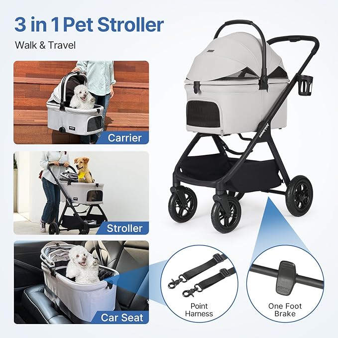 X-5 Luxury Pet Stroller for Medium Dog Under 55lbs or 2 Small Dogs & Cats, One-Touch Folding, Adjustable Handle, Detachable Carrier and Inflatable Wheels (Grey)