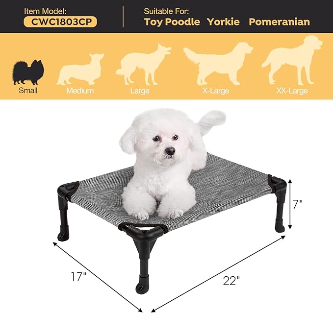 Veehoo Outdoor Elevated Dog Cot Bed, Cooling Raised Pet Bed for Small Dogs, Washable Breathable Mesh Hammock Bed with No-Slip Feet, Indestructible Ground Off Training Platform Cot-22"x17" Black Silver