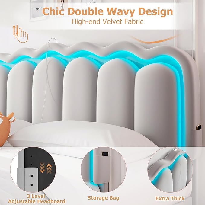 King Upholstered LED Bed Frame with 2 Storage Drawers and Adjustable Chic Double Wavy Headboard, Velvet Princes Platform Bed with Charing Station, Solid Wood Slats Support, No Box Spring Needed, Grey