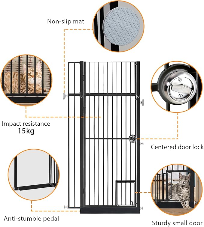 71" Extra Tall Pet Gate with Cat Door, 29-37.5" Extra Wide Full Door Cat Gate for Doorway, No Drill Pressure Mounted Gate for Cats, Pet Barrier Indoor, No Jumping Over for Stairs Hallway, Black