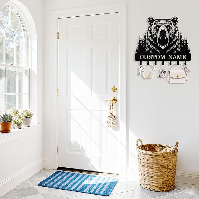 Personalized Bear Key Holder Wall Mount, Custom Metal Keys Hanger for Wall with Name, Custom Key Rack Holder with Hooks for Home, Entryway, Front Door, Living Room, Kitchen, Bathroom