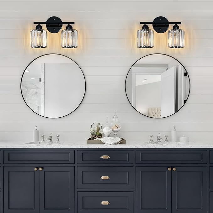 Modern 2 Light Crystal Vanity Light, Plating Black Vertical Bathroom Light Fixture Over Mirror for Dressing Table Sink, Compatible with Dimmable Bulbs (Bulbs Not Included)