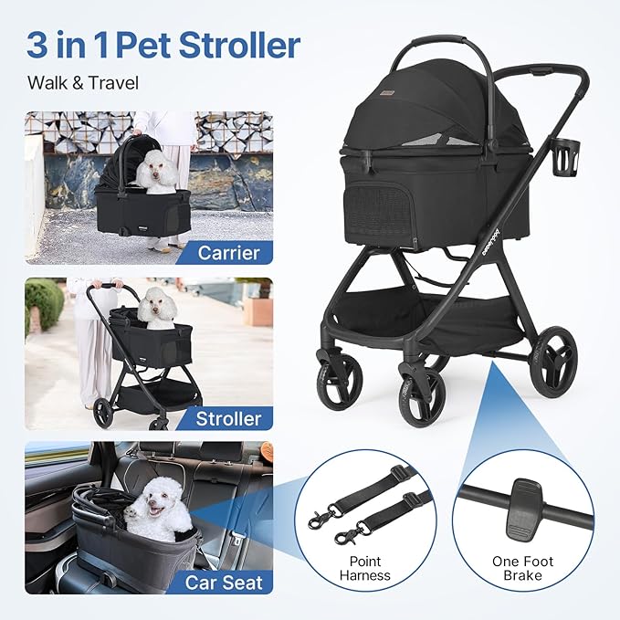 X-5 Luxury Pet Stroller for Medium Dog Under 55lbs or 2 Small Dogs & Cats, One-Touch Folding, Adjustable Handle and Detachable Carrier (Black)