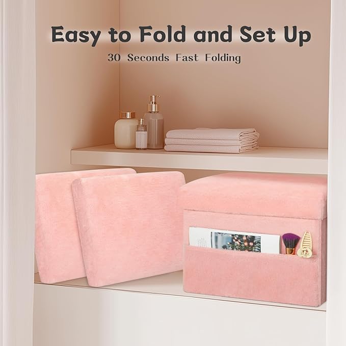 Storage Ottoman, Folding Ottoman Foot Rest Stool with Thicker Furry Padded Seat. Soft Fur Small Ottoman Bench with Storage for Bedroom Living Room, Holds Up to 300 lbs, 17x13x13IN (Pink)