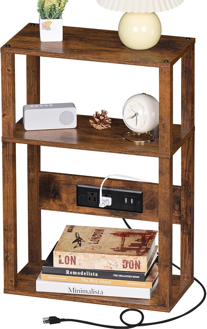 3-Tier Small Narrow Wood Side Table with Charging Station, Skinny Nightstand for Small Space, Slim Bedside Table with Storage for Couch, Thin End Table with USB Ports and Outlets, Rustic Brown