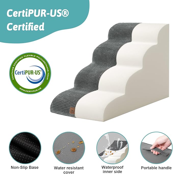 Dog Stairs for Small Dogs 19.7" H, Curved Dog Step for Puppy, Older or Cat, Medium Pet Ramp for Sofa, Couch or Bed, Ladder with High Density Foam, 15.7x28.3x19.7 inch, 4 Step, Charcoal Grey