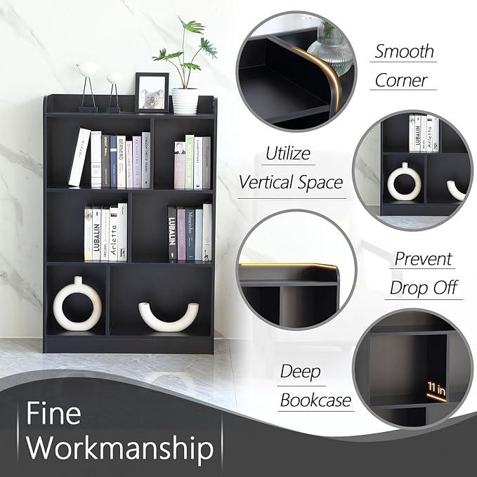 Book Shelf with Back Panel Stability 6 Cube Bookcase Multifunctional Cube Storage Organizer for Bedroom Living Room Office Closet School in Black with 31.49''W