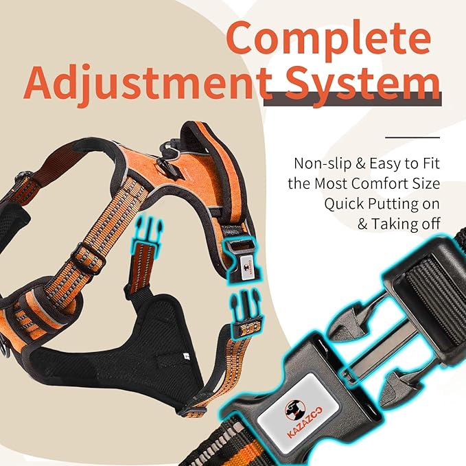Dog Harness, No-Pull Pet Breathable Harness, Adjustable Soft Padded Dog Vest with 2 Leash Clips, Reflective No-Choke Pet, Easy Control Handle for Large Dogs, Orange, XL