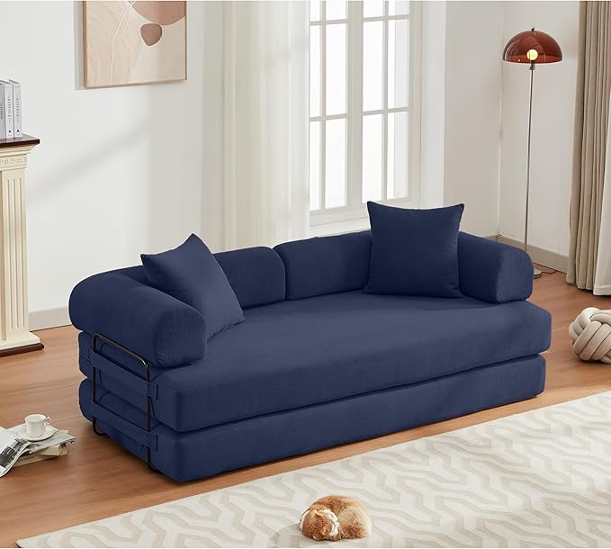Convertible Sleeper Sofa Bed with Cylindrical Pillow, Corduroy Folding Boneless Couch with Fixed-Shape Frame, Floor Sofa Lounge Couch for Living Room Bedroom Lounge Studio-Blue