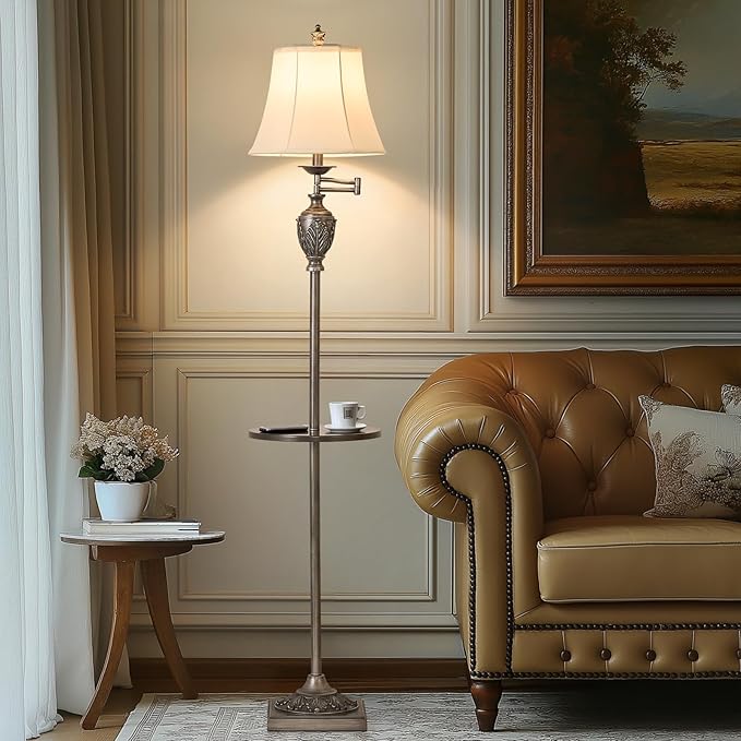 Traditional LED Floor Lamp with 350° Adjustable Swing Arm Lamp – Vintage Standing Pole lamp for Living Room, Bedroom and Office – Rustic Upright Floor Light for Home Décor with Silk Fabric Shade