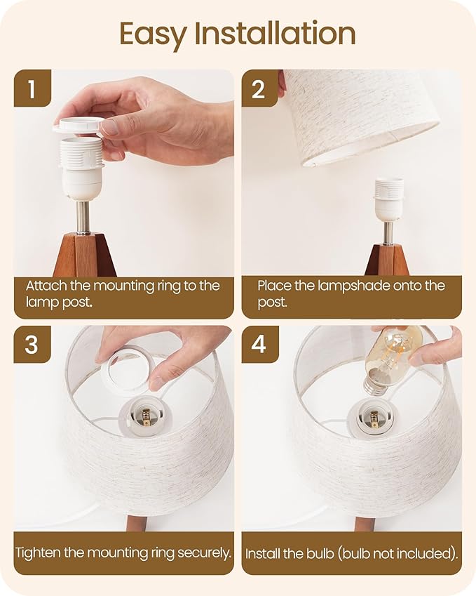 Small Tripod Table Lamp, Modern Nightstand Lamp with Fabric Shade, Boho Bedside Wood Desk Lamp for Bedroom, Kids Room, Living Room, Office, Study, Dark Wood and Beige, LE51TL05