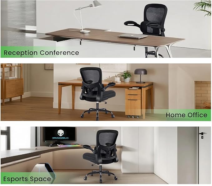 Ergonomic Office Chair, Comfy Desk Chair with Adjustable Lumbar Support, Mesh Computer Chair with Wheels, Flip-up Armrests, Swivel Rolling Executive Chair for Home Office, Gaming, Black