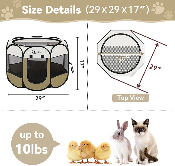 Pink Puppy Playpen for Middle Dog Cat, Dogs Tent Crate Cage Indoor/Outdoor, Portable Pop Up Dog Kennel with Carrying Bag for Rabbits, Removable Top (Coffee, Small (29" x 29" x 17"))