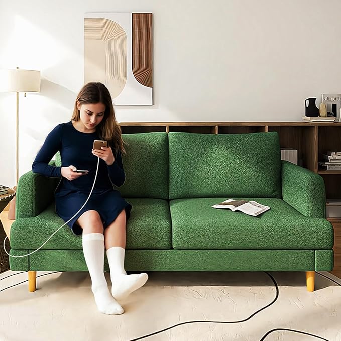 Loveseat Sofa Couch for Living Room with USB Type C Ports – Upholstered 70" Small Couches for Bedroom, Office or Apartment–Modern 2-Seater Deep Seating with Soft Cushions & Sturdy Frame,Green
