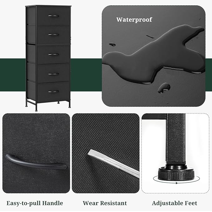 Nightstand, 5 Drawer Dresser End Table Bedside Furniture with Wooden Top Steel Frame Fabric Bins for Bedroom, Closet, Entryway, Dorm, Living Room, Black