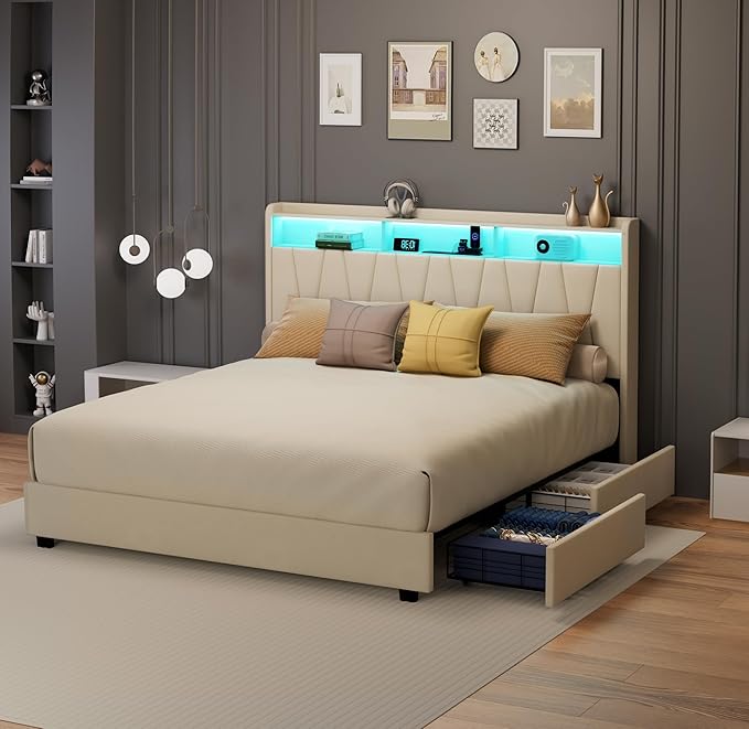 King Size Bed Frame, Velvet Upholstered LED Platform Bed with Headboard Storage, Bed Frame King Built-in Charging Station with 4 Drawers, Wood Slat Support, No Box Spring Needed, Beige