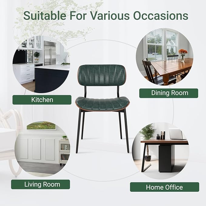 Mid Century Modern Dining Chairs Set of 4,Upholstered Faux Leather Kitchen Chairs with Walnut Bentwood Back and Metal Legs for Kitchen Dining Room Living Room, Green