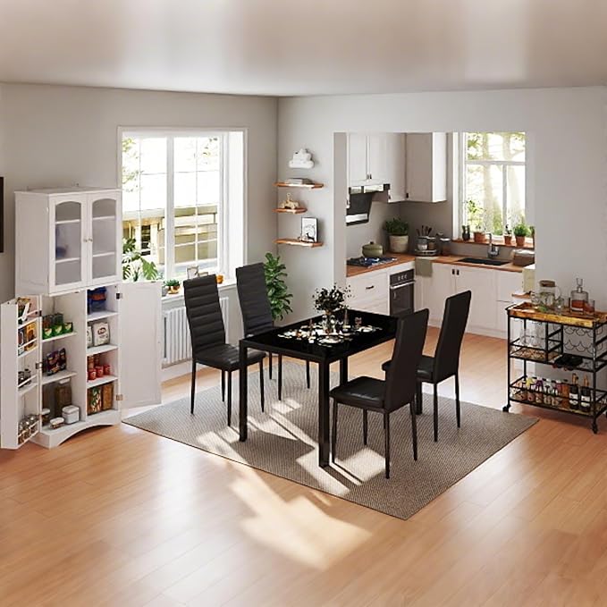 Gizoon 5 Piece Glass Dining Table Set, Kitchen and Chairs for 4, PU Leather Modern Room Sets for Home, Kitchen, Living Room