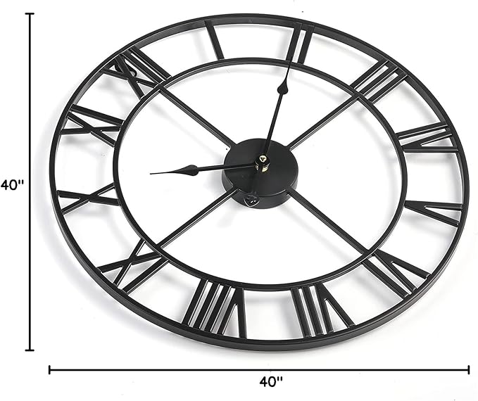 1st owned Large Wall Clock Metal Retro Roman Numeral Clock, Modern Round Wall Clocks Almost Silent, Easy to Read for Living Room/Home/Kitchen/Bedroom/Office/School Decor (Black, 40 Inch)