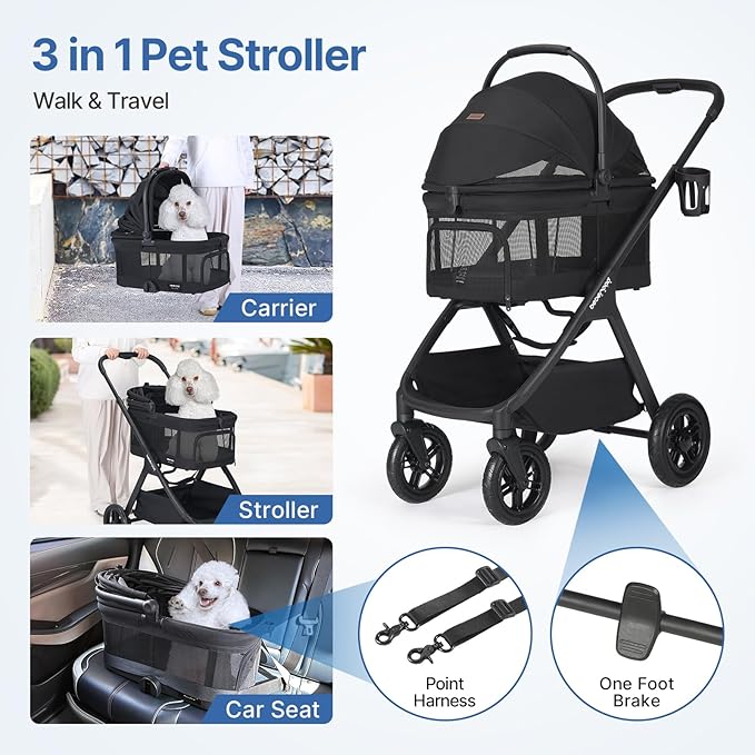 X-5 Luxury Pet Stroller for Medium Dog Under 55lbs or 2 Small Dogs & Cats, One-Touch Folding, Adjustable Handle, Detachable Carrier and Inflatable Wheels (Black & Net Wall)