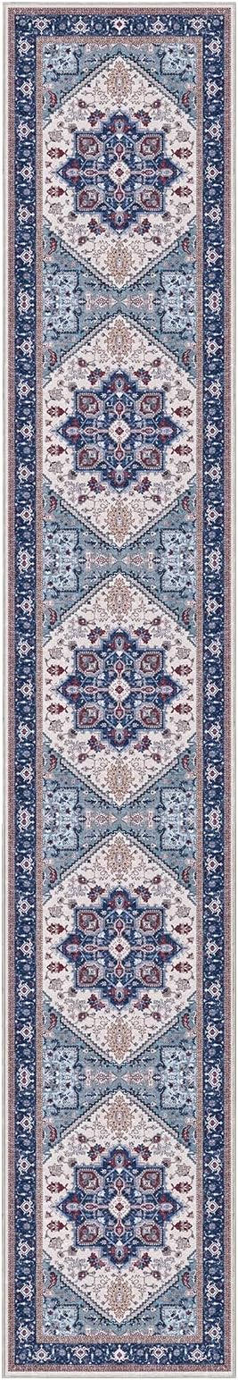 OPPODREAM Thin Entryway Rug 2x12, 2x12 Rug Runner, Washable Hallways Carpet 2 x 12 with Non Slip Backing, Low-Pile Bedside Carpet 2 x 12, Long, Faux Cashmere, Navy Blue & Red & Cream