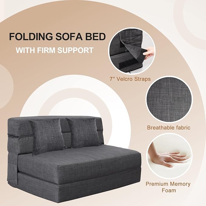 Queen Size Folding Sofa Couch Memory Foam with 2 Pillows Sleeper Chair Lazy Couch Triple Futon Convertible Guest Beds, Washable Cover,Dark Gray