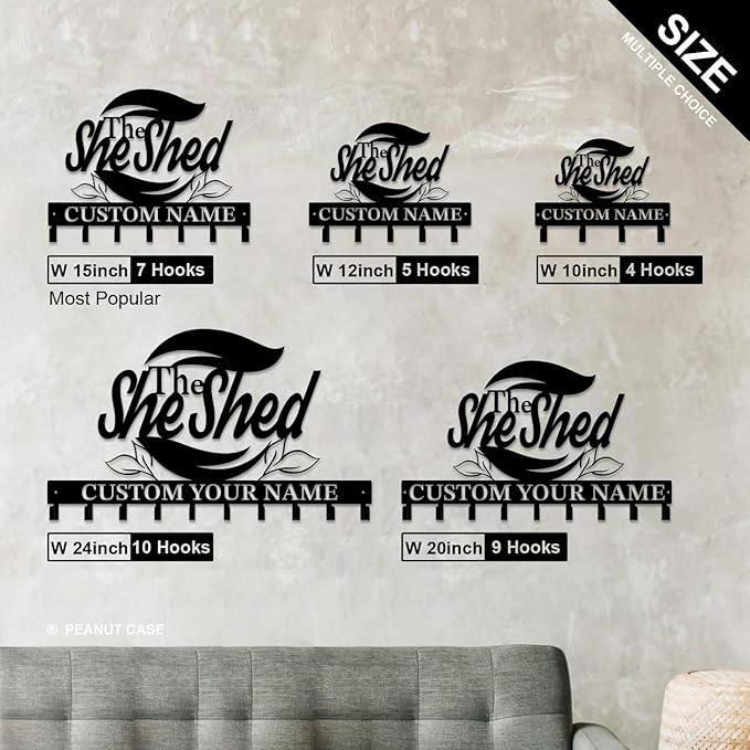 Personalized She Shed Keys Hooks,Custom Name Metal She Shed Art Keys Hooks,Metal She Shed Lover Wall Home Storage Decorative Keys Hooks,Key Holder Hooks for Wall (Style E)