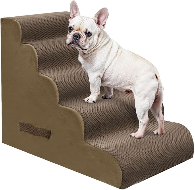 PAWSCART Dog Stairs for Small Pets, 22.8" H with 30D Material Soft Foam, Portable Ramp Non-Slip Surface Non-Slip for Couch and High Bed Climbing, 5-Step Stairs for Cat or Dog, Brown