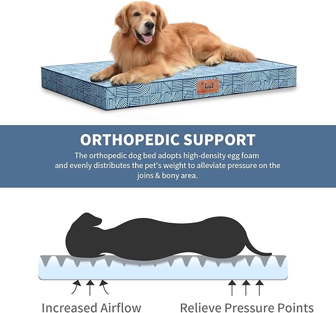 Outdoor Dog Bed for Medium/Small Dogs, Waterproof Dog Bed for Medium Dogs Cats, Orthopedic Egg Crate Foam Pet Bed with Washable Removable Oxford Cover, White Blue