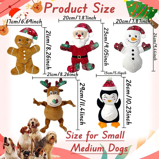5 Pieces Christmas Squeaky Interactive Dog Toys with Crinkle, Plush Toy to Keep Them Busy for Boredom, Dog Toy for Small Medium Large Dogs - Santa/Penguin/Snowman/Gingerbread Man/Deer