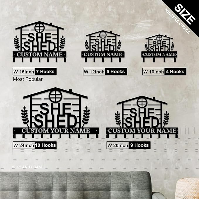 Personalized She Shed Keys Hooks,Custom Name Metal She Shed Art Keys Hooks,Metal She Shed Lover Wall Home Storage Decorative Keys Hooks,Key Holder Hooks for Wall (Style C)