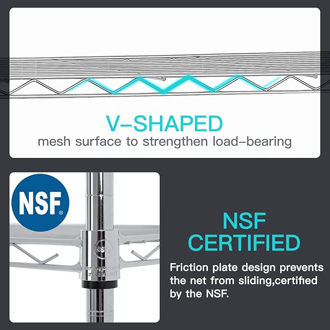 BestOffice | 6-Tier Wire Storage Shelves with Wheels | 18x48x82 | Chrome | Adjustable Racks | Heavy-Duty Metal Shelf, Holds Upto 510 lbs | No-Tool Assembly | Ideal for Home & Garage Shelving