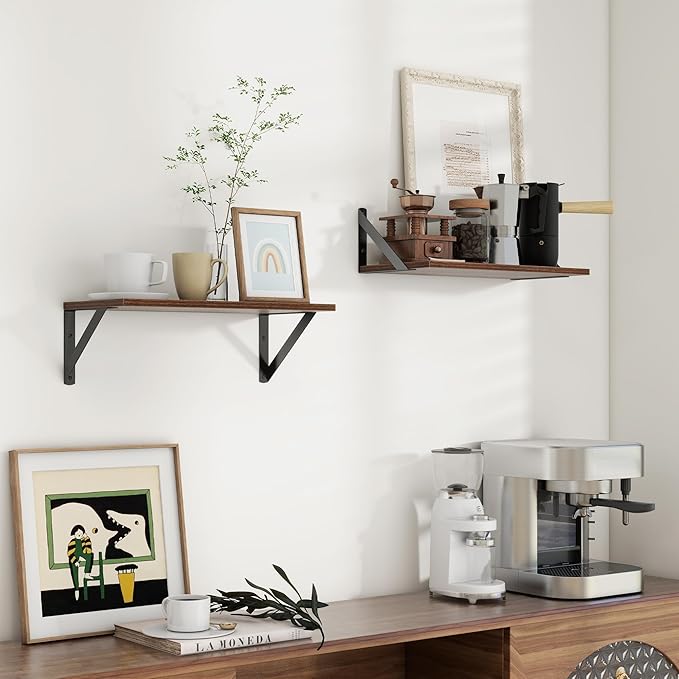 Axeman Floating Shelves | 8 Inch Deep Walnut Wall Shelves Set of 2 | 16W x 8D Rustic Wood Shelves for Bookshelf Living Room Bedroom Home Office Bathroom