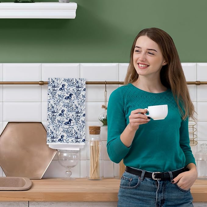 Blue Chinoiserie Dachshund Kitchen Towels, Gifts for Dachshund Lovers, Blue and White Sausage Weiner Dog Dish Tea Towels, Grandmillennial Doxie Dog Hand Towel for Bathroom Kitchen, 16x24 Inch