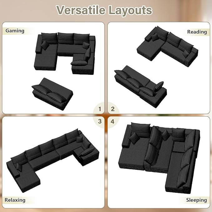 Sectional Cloud Couch with L-Shape Chaise, Upholstered Corduroy Couches Stupendous U Shaped Sofas, Modern Modular Comfy Sofa with Deep Seat for Living Room Bedroom, No Assembly Required, Black