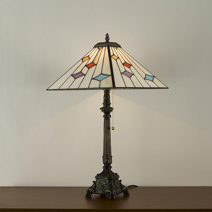 Tiffany Table Lamps White Stained Glass Stripes Checkered Style Mission Desk Lamp 12X12X24 Inch Bronze Resin Base