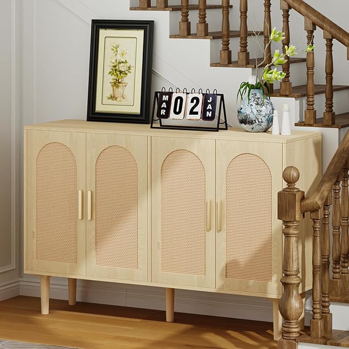 4-Door Rattan Sideboard Buffet Cabinet, 47" Large Storage Cabinet with Shleves, Wood Modern Accent Credenza Kitchen Table for Dining Room, Living Room & Entryway, Natural