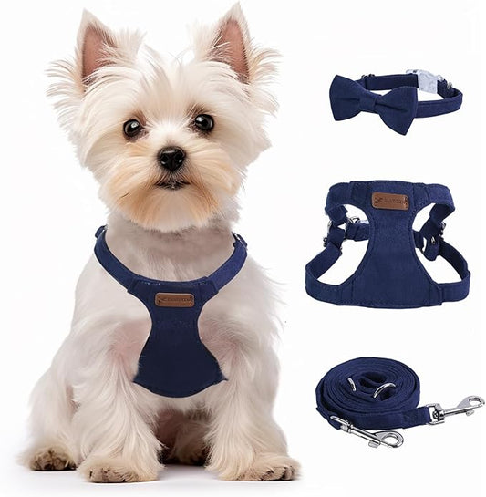 Denim Blue XXS No Pull Adjustable Puppy Harness Set with Multifunction Leash and Collar, Soft No Choke Escape Proof Pet Harness Vest for Small Dogs and Cats